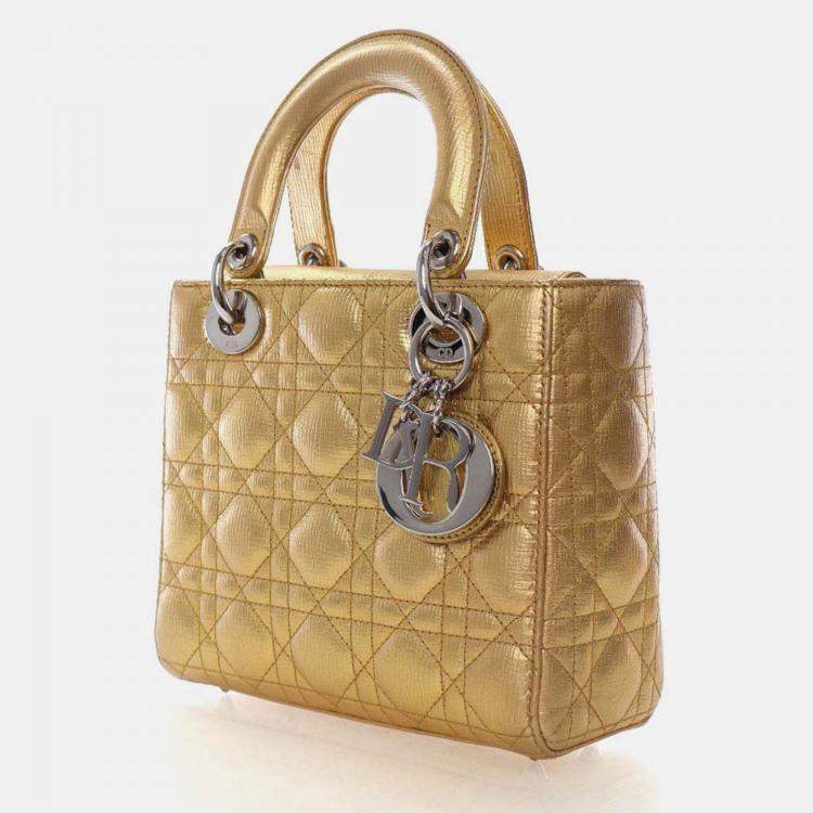 Pre Owned Dior Lady Dior Small Gold Calfskin Handbag