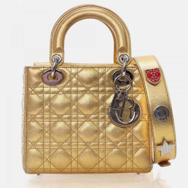 Pre Owned Dior Lady Dior Small Gold Calfskin Handbag