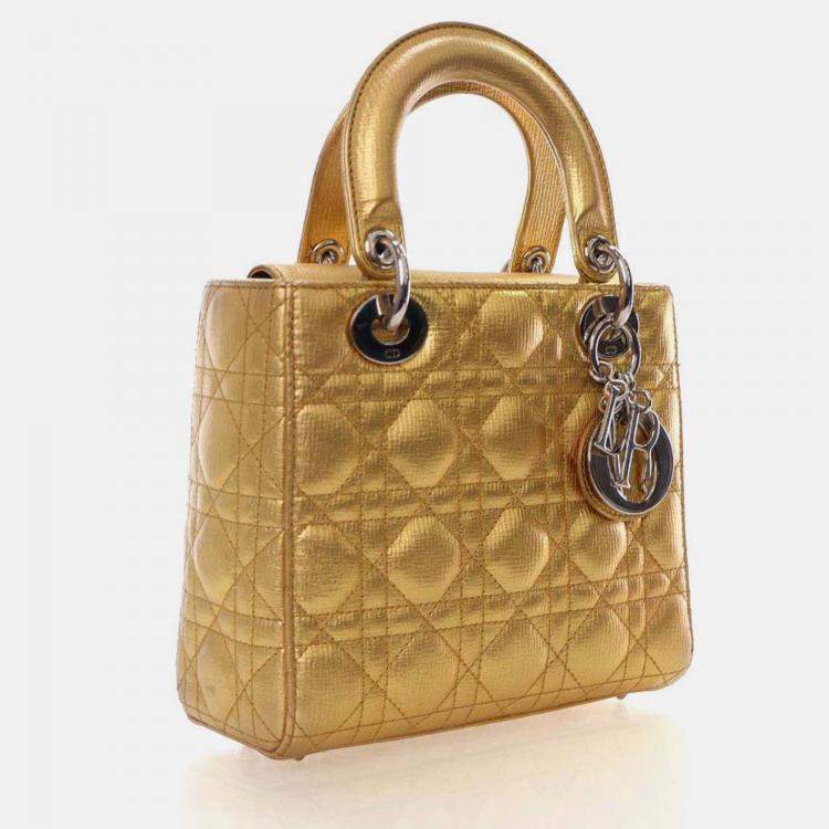 Pre Owned Dior Lady Dior Small Gold Calfskin Handbag