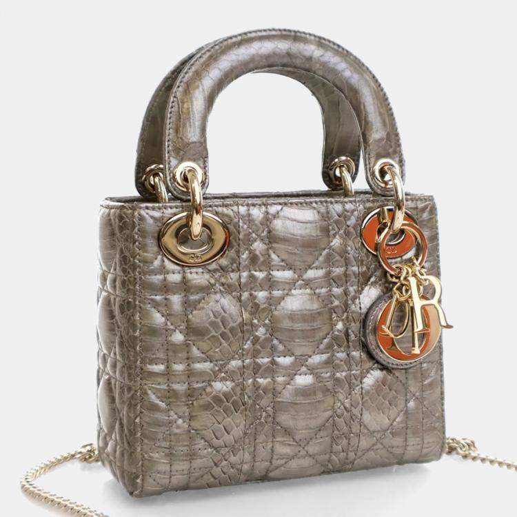 Pre Owned Dior Lady Dior Mini Python Metallic Leather Handbag