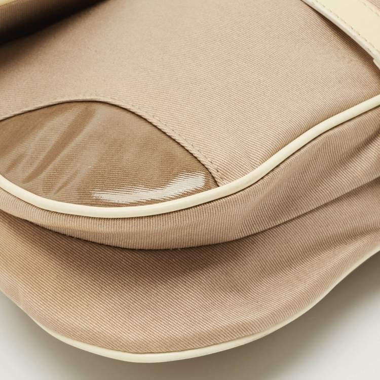 Pre Owned Dior Beige/Cream Fabric and Patent Leather Double Saddle Bag