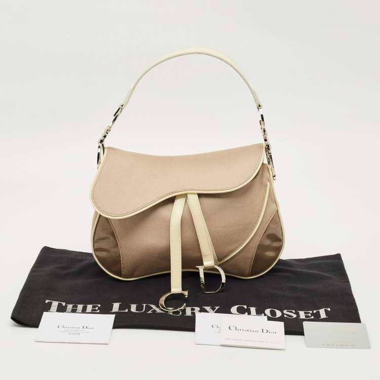 Pre Owned Dior Beige/Cream Fabric and Patent Leather Double Saddle Bag