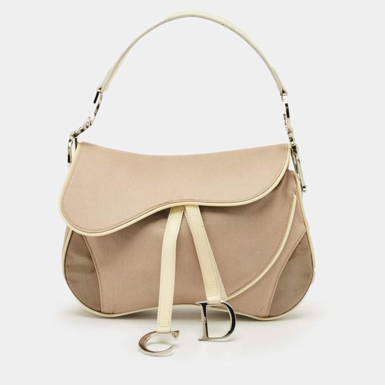 Pre Owned Dior Beige/Cream Fabric and Patent Leather Double Saddle Bag