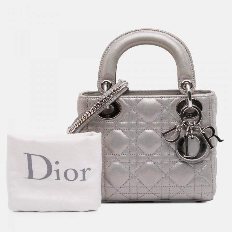 مملوكة مسبقًا Dior Silver Mini Iridescent Lambskin Cannage Lady Dior