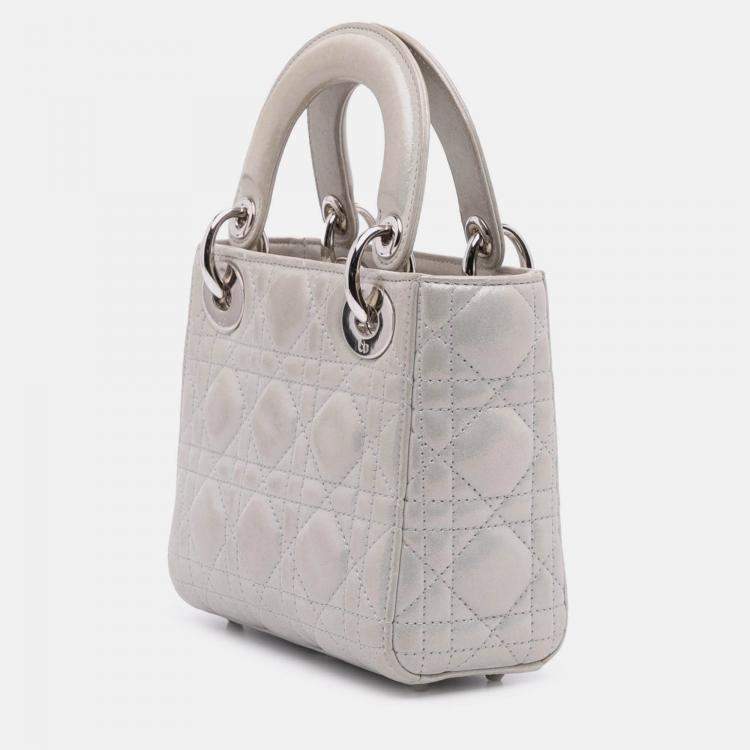 Pre Owned Dior Silver Mini Iridescent Lambskin Cannage Lady Dior