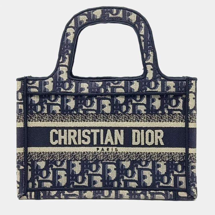 Pre Owned Christian Dior Oblique Bag Beige/Navy Blue Mini Book Tote