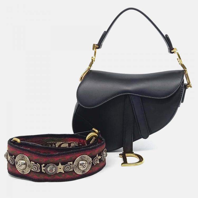 Pre Owned Dior Black Leather Saddle Bag Mini & Strap