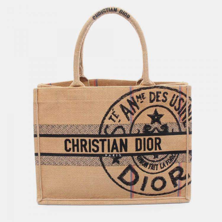 Pre Owned Dior Beige Medium Jute Embroidered Book Tote