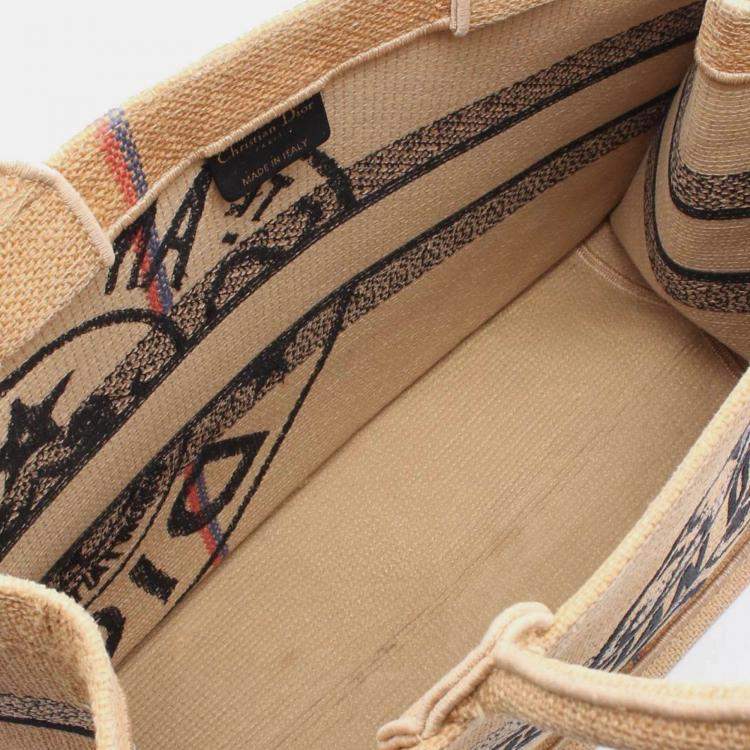 Pre Owned Dior Beige Medium Jute Embroidered Book Tote