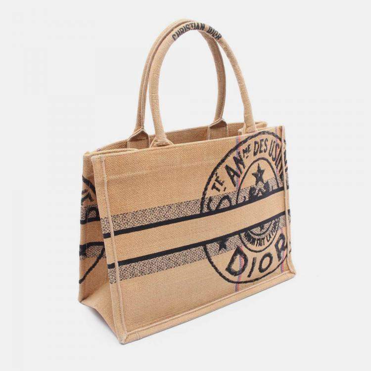 Pre Owned Dior Beige Medium Jute Embroidered Book Tote