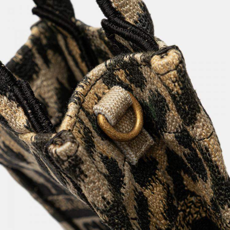 Pre Owned Dior Beige/Black Mizza Mini Embroidered Canvas Leopard Vertical Book Tote