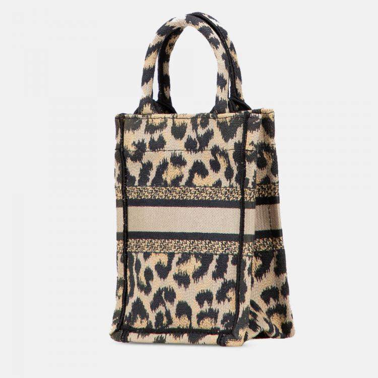 Pre Owned Dior Beige/Black Mizza Mini Embroidered Canvas Leopard Vertical Book Tote