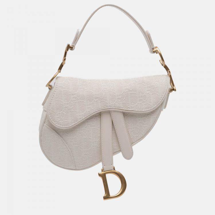 Pre Owned Dior White Mini Oblique Canvas Saddle Bag