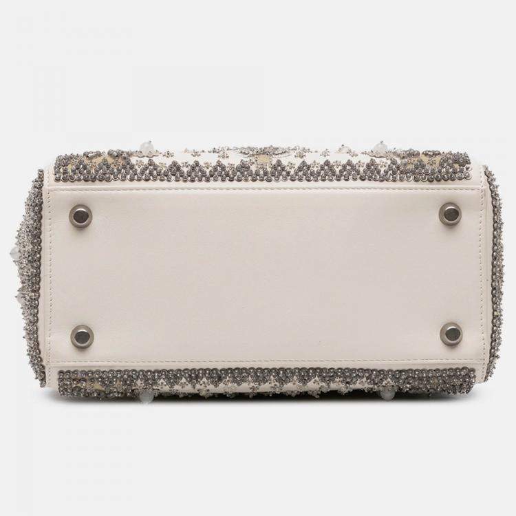 Pre Owned Dior Beige Medium Lambskin Embroidered and Beaded Lady D Lite