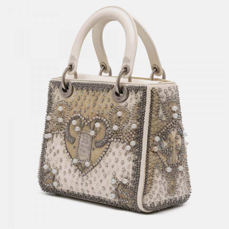 Pre Owned Dior Beige Medium Lambskin Embroidered and Beaded Lady D Lite