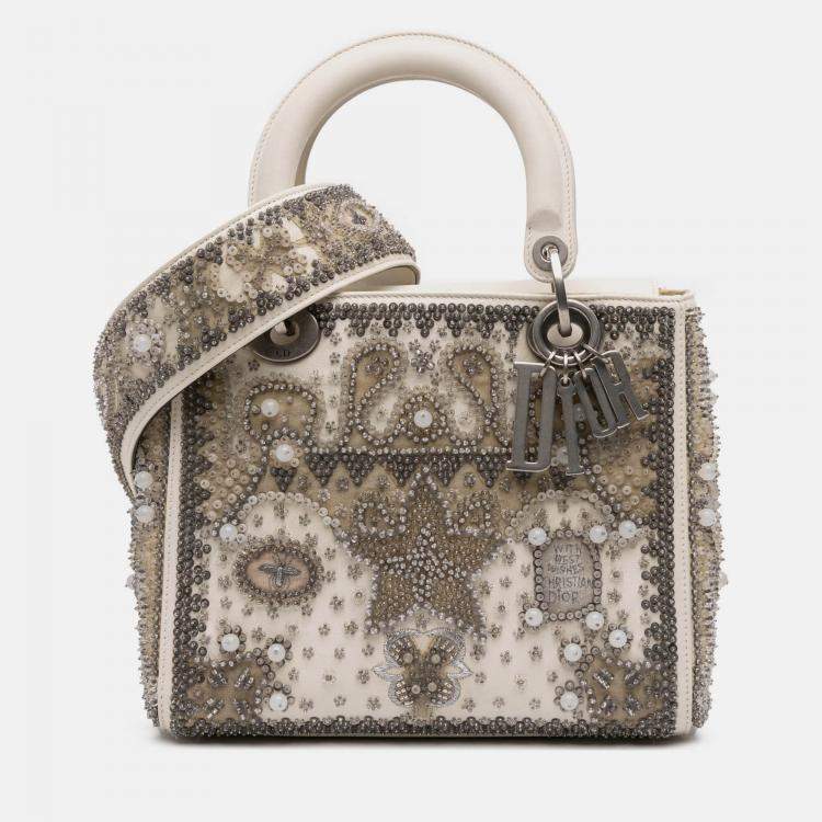 Pre Owned Dior Beige Medium Lambskin Embroidered and Beaded Lady D Lite