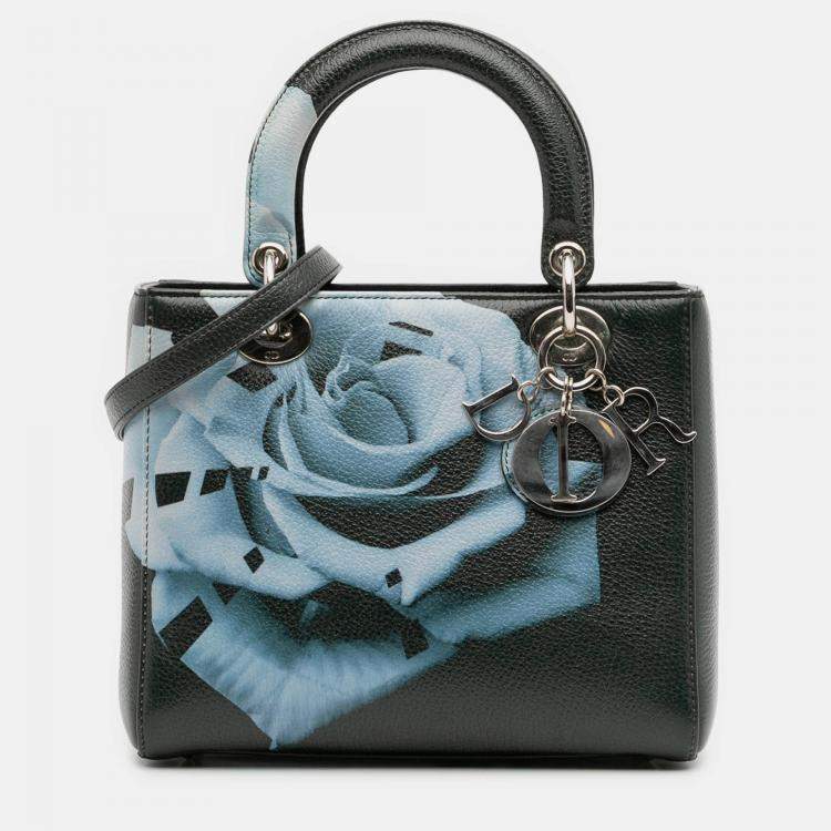 Pre Owned Dior Blue/Green Medium Deerskin Floral Print Lady Dior