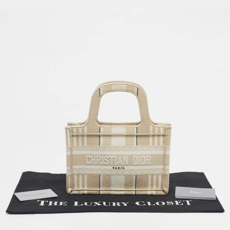 Pre Owned Dior Beige Stripes Embroidered Canvas Mini Book Tote