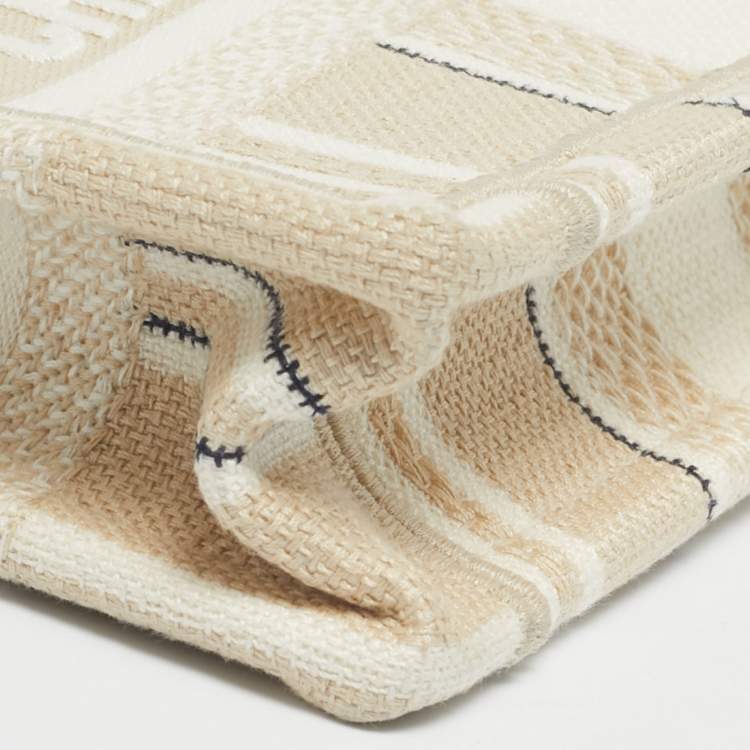 Pre Owned Dior Beige Stripes Embroidered Canvas Mini Book Tote