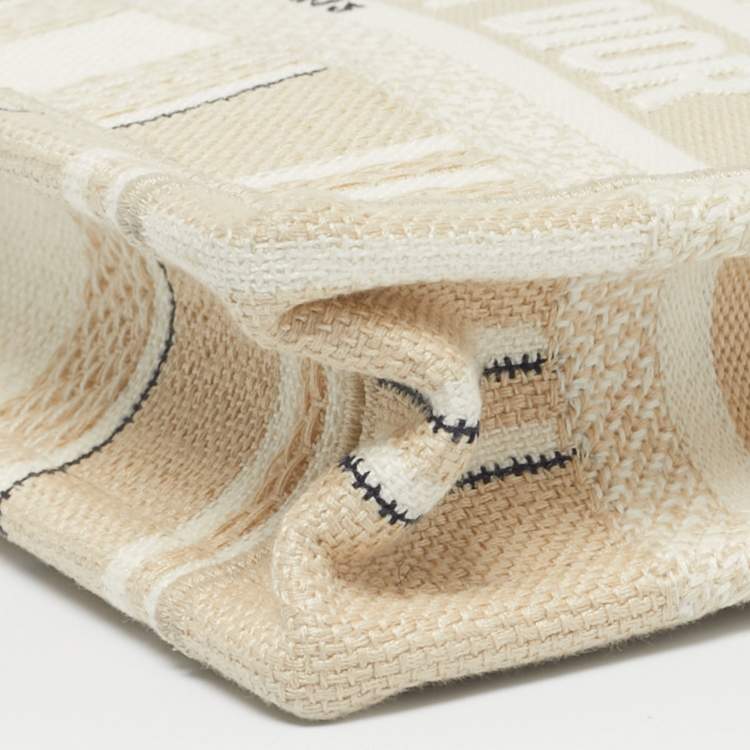 Pre Owned Dior Beige Stripes Embroidered Canvas Mini Book Tote