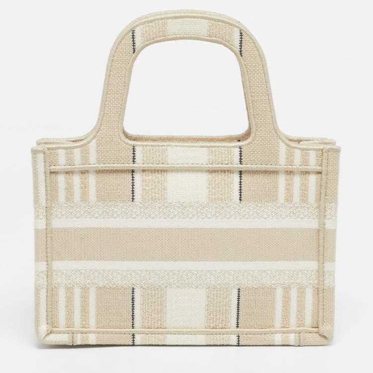 Pre Owned Dior Beige Stripes Embroidered Canvas Mini Book Tote