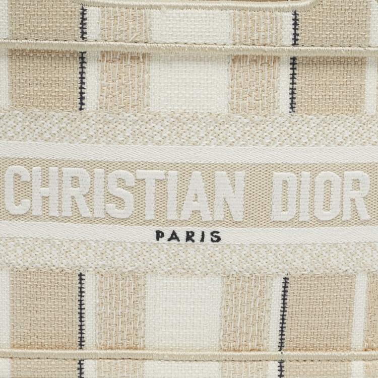 Pre Owned Dior Beige Stripes Embroidered Canvas Mini Book Tote