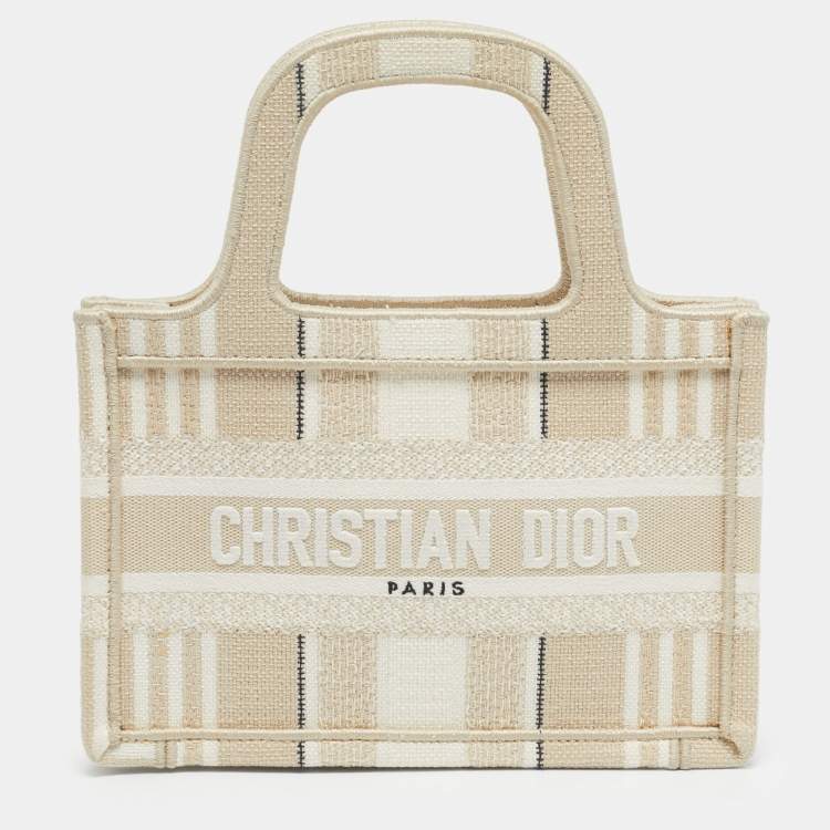 Pre Owned Dior Beige Stripes Embroidered Canvas Mini Book Tote