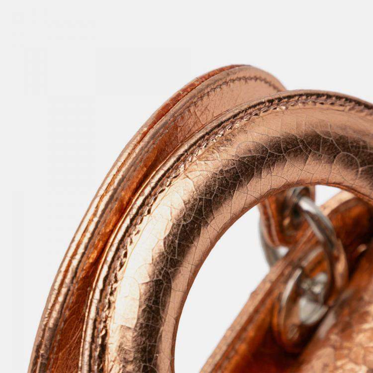 Pre Owned Dior Brown Mini Metallic Crinkled Calfskin Cannage Lady Dior