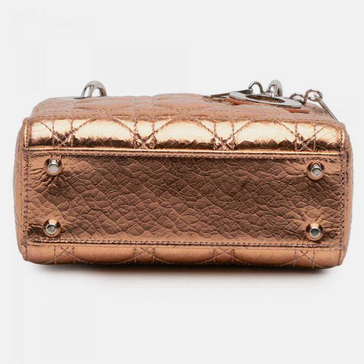 Pre Owned Dior Brown Mini Metallic Crinkled Calfskin Cannage Lady Dior