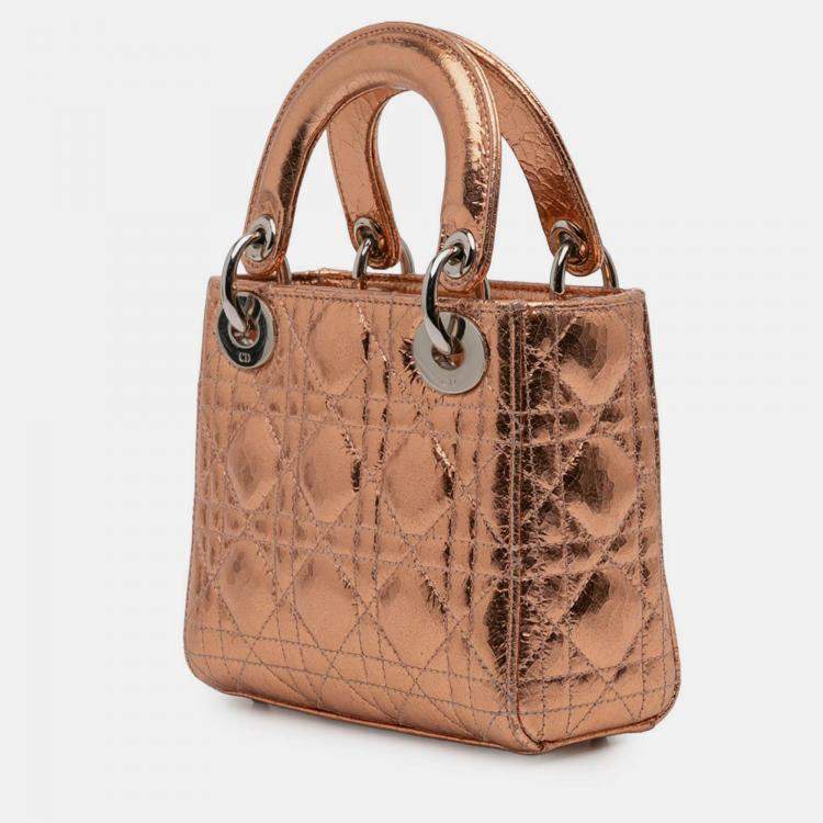 Pre Owned Dior Brown Mini Metallic Crinkled Calfskin Cannage Lady Dior