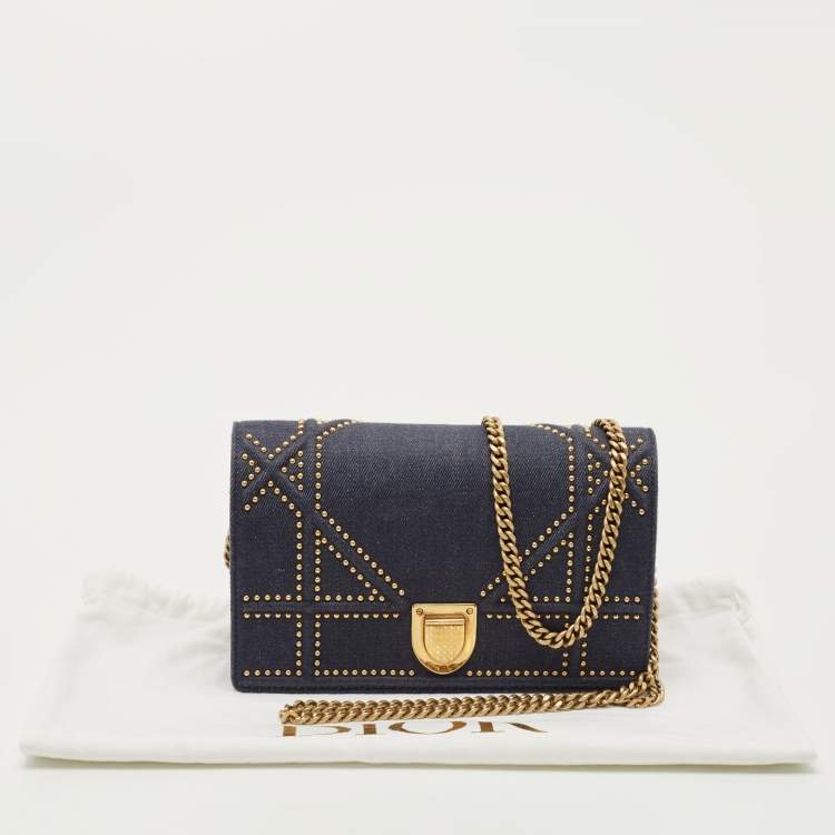 Pre Owned Dior Blue Cannage Denim Studded Diorama Wallet on Chain