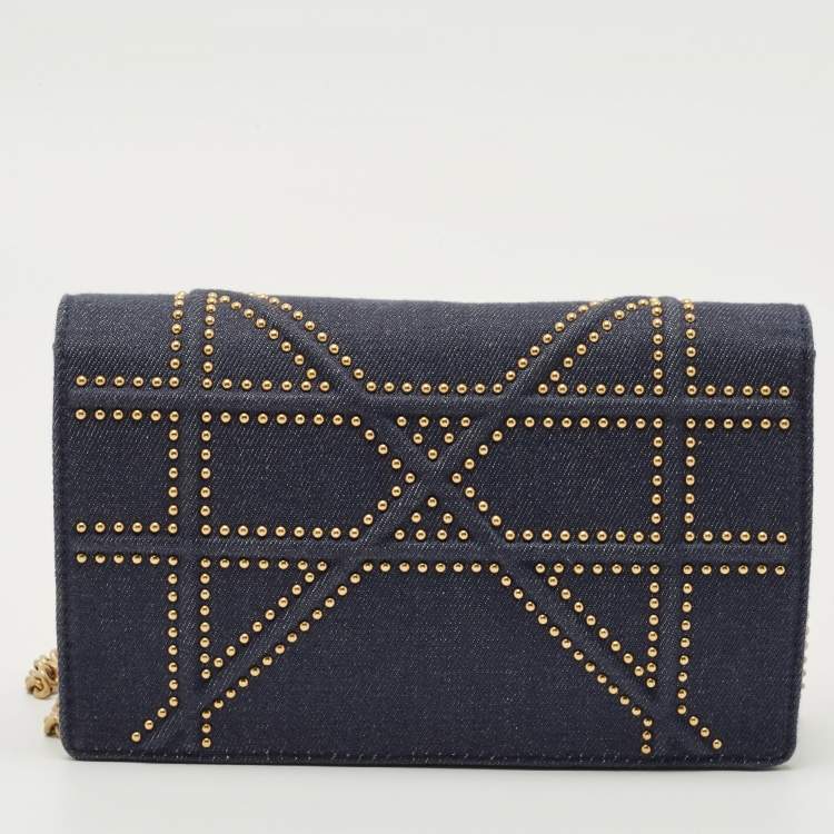Pre Owned Dior Blue Cannage Denim Studded Diorama Wallet on Chain