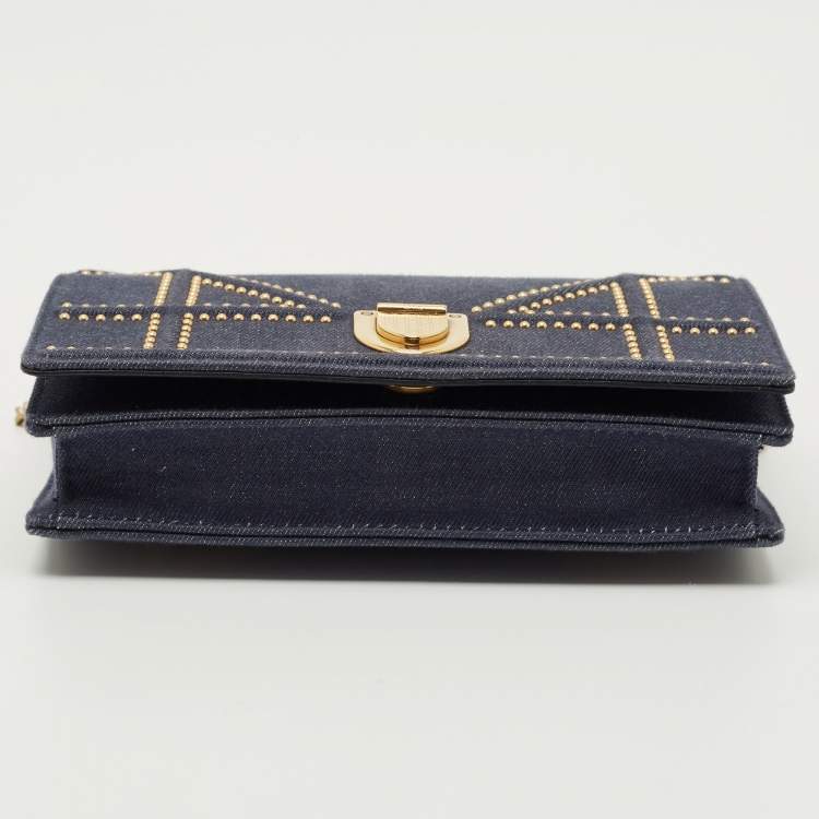 Pre Owned Dior Blue Cannage Denim Studded Diorama Wallet on Chain