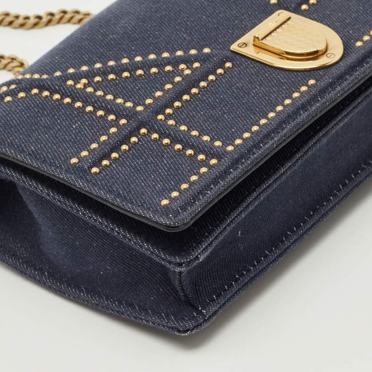 Pre Owned Dior Blue Cannage Denim Studded Diorama Wallet on Chain