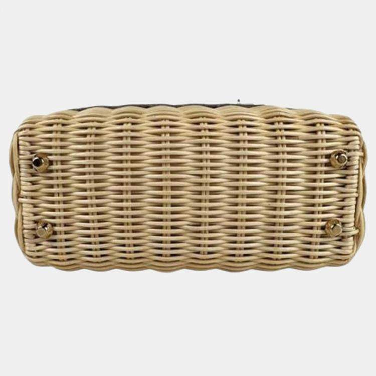 Pre Owned Christian Dior Lady Straw Canvas Handbag Shoulder Bag In Natural Pink Gray And Gold