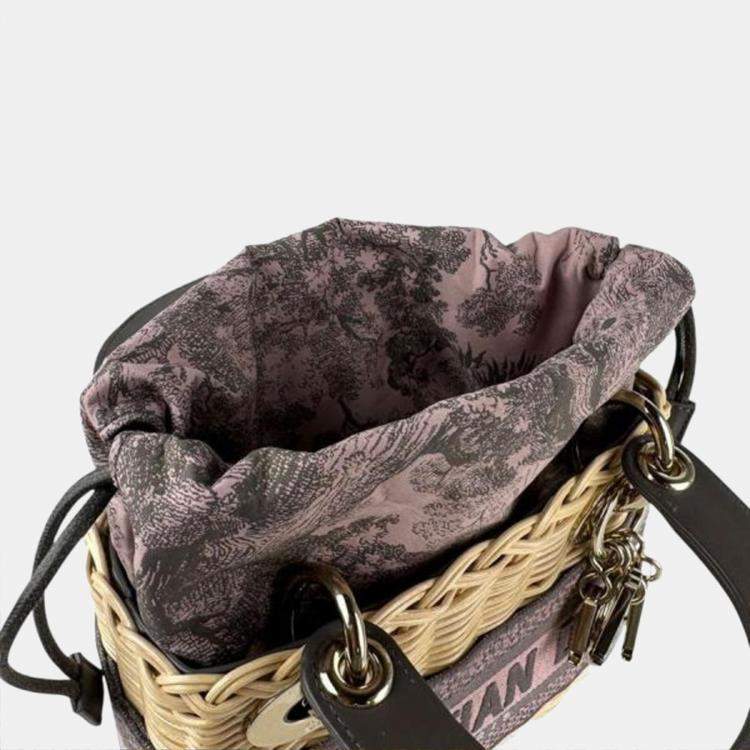 Pre Owned Christian Dior Lady Straw Canvas Handbag Shoulder Bag In Natural Pink Gray And Gold