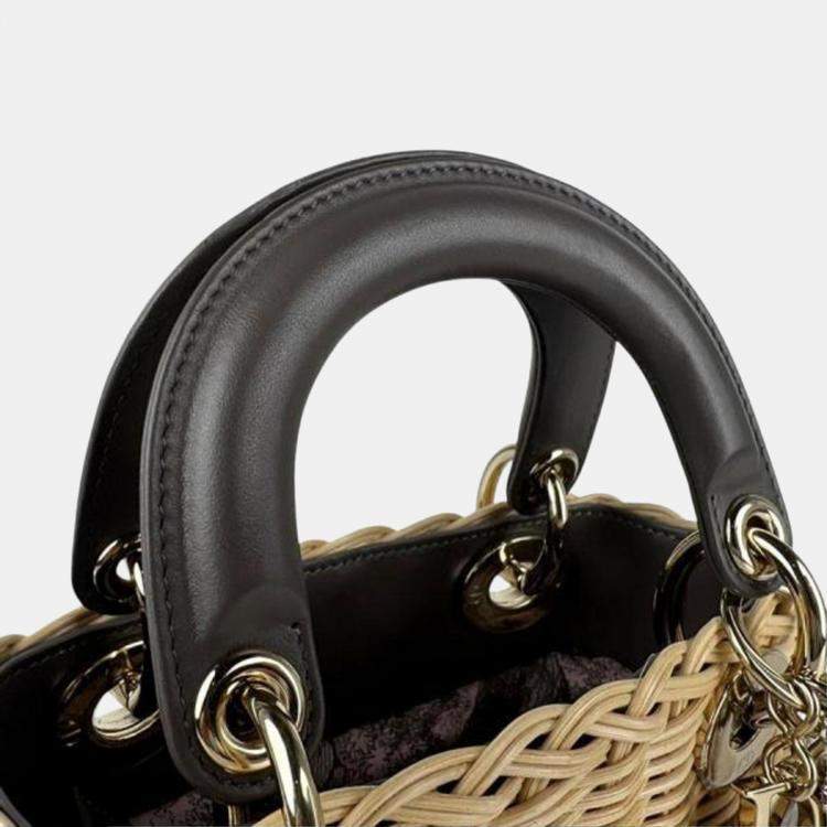 Pre Owned Christian Dior Lady Straw Canvas Handbag Shoulder Bag In Natural Pink Gray And Gold