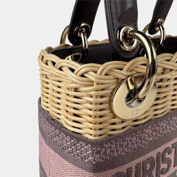 Pre Owned Christian Dior Lady Straw Canvas Handbag Shoulder Bag In Natural Pink Gray And Gold