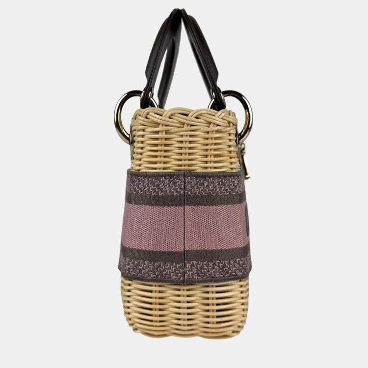 Pre Owned Christian Dior Lady Straw Canvas Handbag Shoulder Bag In Natural Pink Gray And Gold