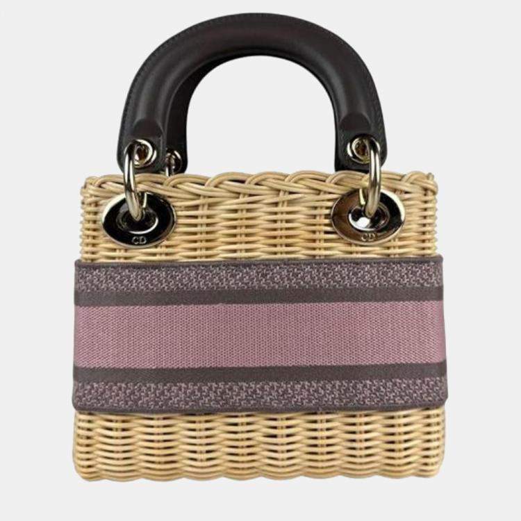Pre Owned Christian Dior Lady Straw Canvas Handbag Shoulder Bag In Natural Pink Gray And Gold