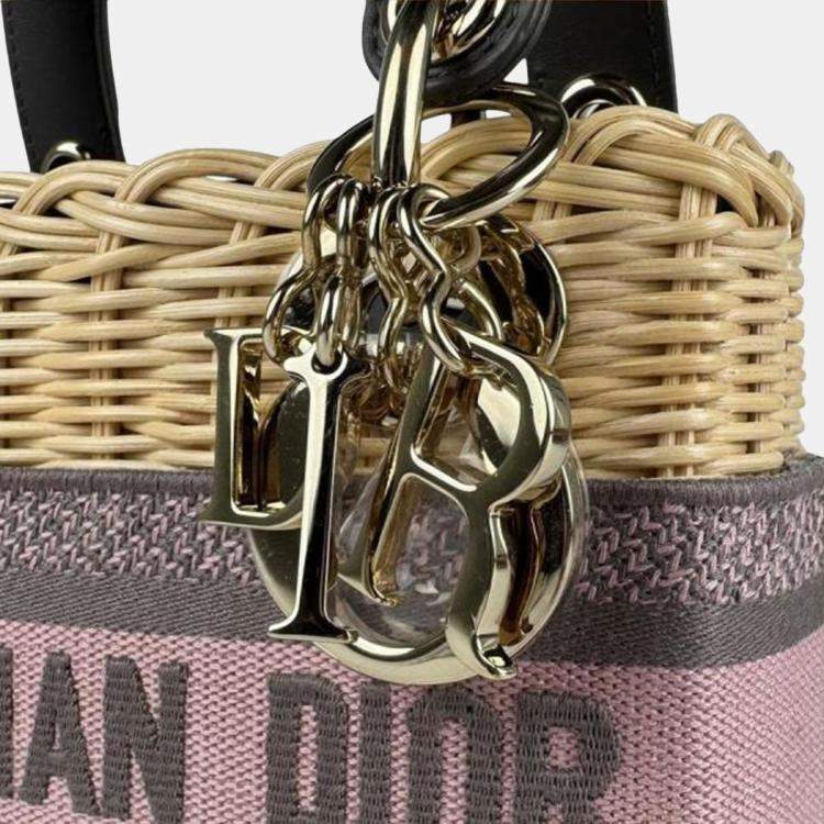 Pre Owned Christian Dior Lady Straw Canvas Handbag Shoulder Bag In Natural Pink Gray And Gold