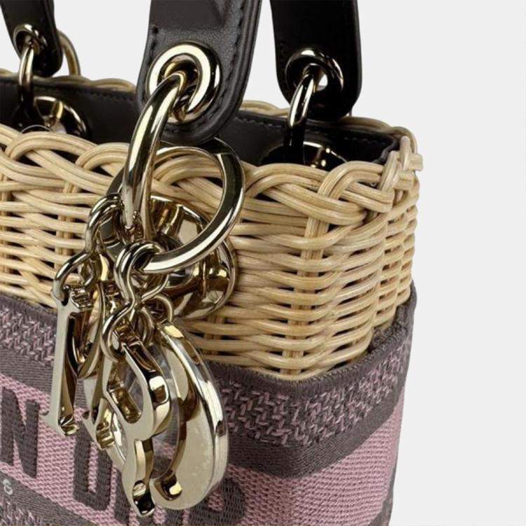 Pre Owned Christian Dior Lady Straw Canvas Handbag Shoulder Bag In Natural Pink Gray And Gold