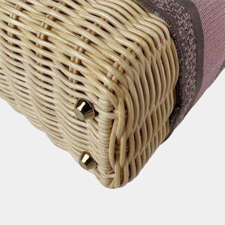 Pre Owned Christian Dior Lady Straw Canvas Handbag Shoulder Bag In Natural Pink Gray And Gold
