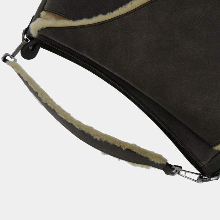 Pre Owned Christian Dior Saddle Shearling Mouton Gray Shoulder Bag