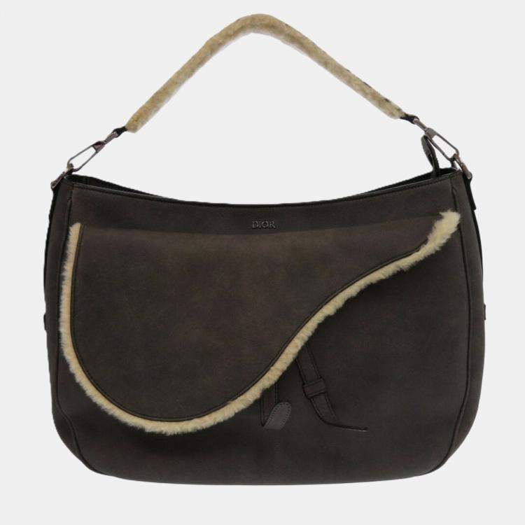 Pre Owned Christian Dior Saddle Shearling Mouton Gray Shoulder Bag