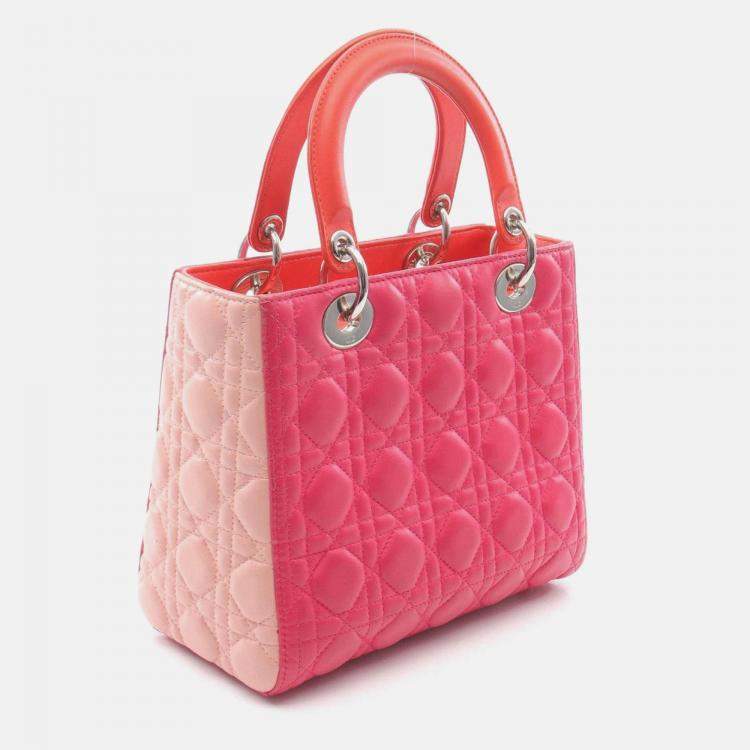 Pre Owned Christian Dior Dior Lady Dior Handbag Leather  Red Pink