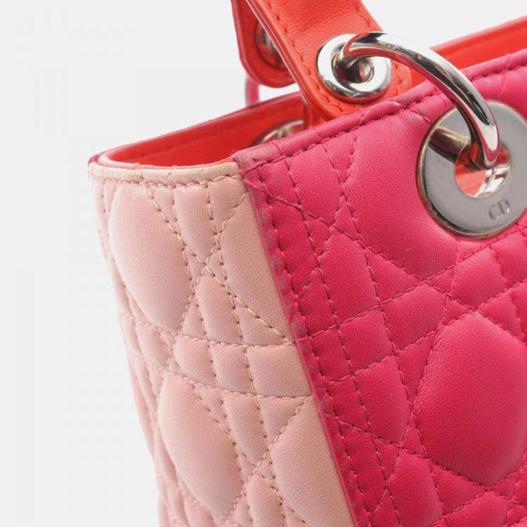 Pre Owned Christian Dior Dior Lady Dior Handbag Leather  Red Pink