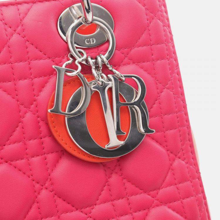 Pre Owned Christian Dior Dior Lady Dior Handbag Leather  Red Pink