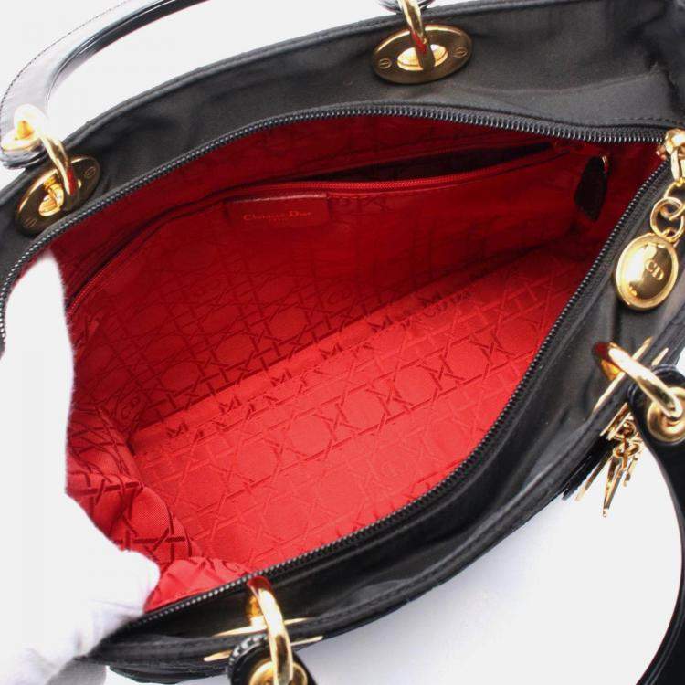 Pre Owned Christian Dior Dior Lady Large Cannage Handbag Nylon Leather Black