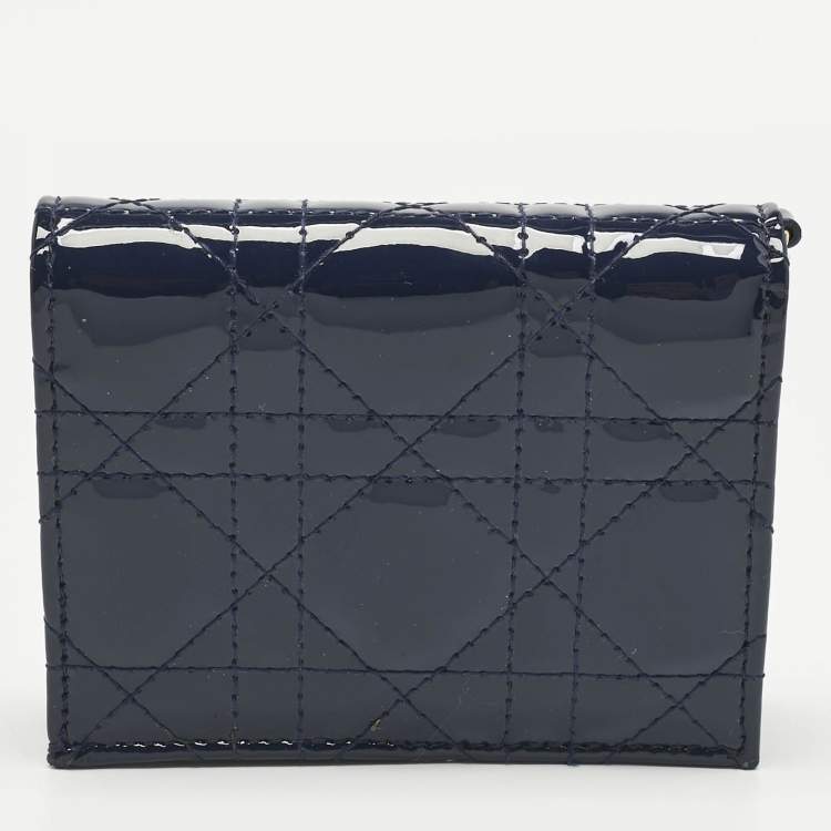 Pre Owned Dior Navy Blue Patent Leather Mini Lady Dior Gardenia Wallet